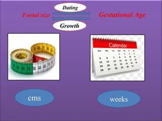 Foetal size Gestational Age
cms weeks
Dating
Growth
 