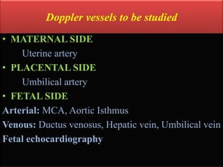 • MATERNAL SIDE
Uterine artery
• PLACENTAL SIDE
Umbilical artery
• FETAL SIDE
Arterial: MCA, Aortic Isthmus
Venous: Ductus venosus, Hepatic vein, Umbilical vein
Fetal echocardiography
Doppler vessels to be studied
 