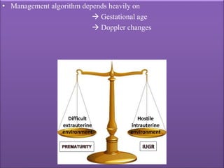 • Management algorithm depends heavily on
 Gestational age
 Doppler changes
Difficult
extrauterine
environment
Hostile
intrauterine
environment
 