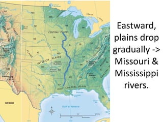 Eastward, plains drop gradually -> Missouri & Mississippi rivers.  