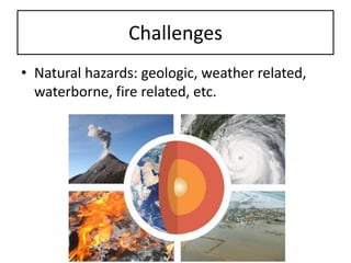 Challenges 
•Natural hazards: geologic, weather related, waterborne, fire related, etc.  