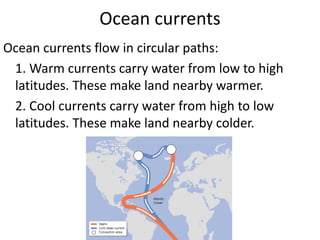 Ocean currents 
Ocean currents flow in circular paths: 
1. Warm currents carry water from low to high latitudes. These make land nearby warmer. 
2. Cool currents carry water from high to low latitudes. These make land nearby colder.  
