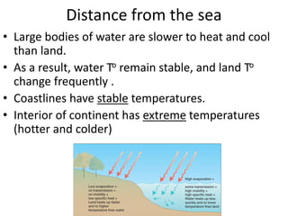 Distance from the sea 
•Large bodies of water are slower to heat and cool than land. 
•As a result, water To remain stable, and land To change frequently . 
•Coastlines have stable temperatures. 
•Interior of continent has extreme temperatures (hotter and colder)  