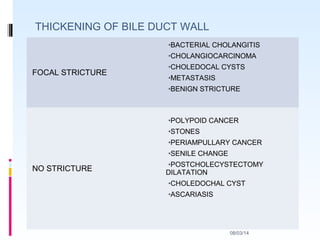 08/03/14
THICKENING OF BILE DUCT WALL
FOCAL STRICTURE
•BACTERIAL CHOLANGITIS
•CHOLANGIOCARCINOMA
•CHOLEDOCAL CYSTS
•METASTASIS
•BENIGN STRICTURE
NO STRICTURE
•POLYPOID CANCER
•STONES
•PERIAMPULLARY CANCER
•SENILE CHANGE
•POSTCHOLECYSTECTOMY
DILATATION
•CHOLEDOCHAL CYST
•ASCARIASIS
 