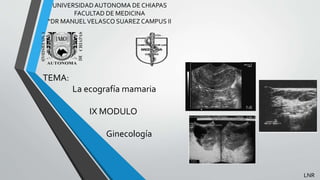 LNR
UNIVERSIDADAUTONOMA DE CHIAPAS
FACULTAD DE MEDICINA
“DR MANUELVELASCO SUAREZ CAMPUS II
TEMA:
La ecografía mamaria
IX MODULO
Ginecología
 