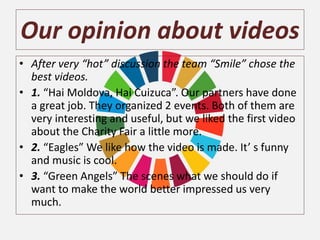 Our opinion about videos
• After very “hot” discussion the team “Smile” chose the
best videos.
• 1. “Hai Moldova, Hai Cuizuca”. Our partners have done
a great job. They organized 2 events. Both of them are
very interesting and useful, but we liked the first video
about the Charity Fair a little more.
• 2. “Eagles” We like how the video is made. It’ s funny
and music is cool.
• 3. “Green Angels” The scenes what we should do if
want to make the world better impressed us very
much.
 