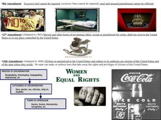 •8th Amendment: Excessive bail cannot be required; excessive fines cannot be imposed; cruel and unusual punishments cannot be inflicted.
•14th Amendment: (Adopted in 1868) All born or naturalized in the United States and subject to its authority are citizens of the United States and
of the state where they reside. No state can make or enforce laws that take away the rights and privileges of citizens of the United States.
•13th
Amendment: (Adopted in 1865) Slavery and other forms of involuntary labor, except as punishment for crime, shall not exist in the United
States or in any place controlled by the United States.
 