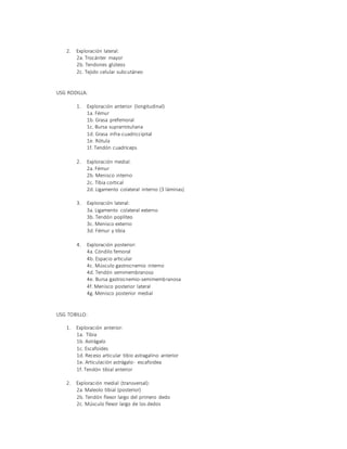 2. Exploración lateral:
2a. Trocánter mayor
2b. Tendones glúteos
2c. Tejido celular subcutáneo
USG RODILLA:
1. Exploración anterior (longitudinal)
1a. Fémur
1b. Grasa prefemoral
1c. Bursa suprarrotuliana
1d. Grasa infra-cuadriccipital
1e. Rótula
1f. Tendón cuadríceps
2. Exploración medial:
2a. Fémur
2b. Menisco interno
2c. Tibia cortical
2d. Ligamento colateral interno (3 láminas)
3. Exploración lateral:
3a. Ligamento colateral externo
3b. Tendón poplíteo
3c. Menisco externo
3d. Fémur y tibia
4. Exploración posterior:
4a. Cóndilo femoral
4b. Espacio articular
4c. Músculo gastrocnemio interno
4d. Tendón semimembranoso
4e. Bursa gastrocnemio-semimembranosa
4f. Menisco posterior lateral
4g. Menisco posterior medial
USG TOBILLO:
1. Exploración anterior:
1a. Tibia
1b. Astrágalo
1c. Escafoides
1d. Receso articular tibio astragalino anterior
1e. Articulación astrágalo- escafoidea
1f. Tendón tibial anterior
2. Exploración medial (transversal):
2a. Maleolo tibial (posterior)
2b. Tendón flexor largo del primero dedo
2c. Músculo flexor largo de los dedos
 