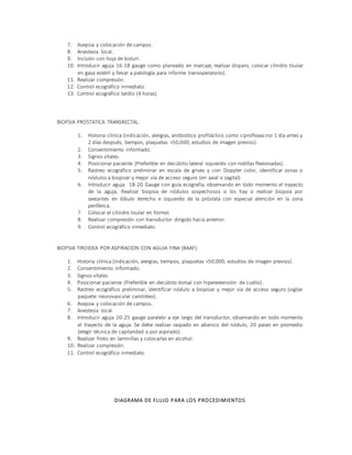 7. Asepsia y colocación de campos.
8. Anestesia local.
9. Incisión con hoja de bisturí.
10. Introducir aguja 16-18 gauge como planeado en marcaje, realizar disparo, colocar cilindro tisular
en gasa estéril y llevar a patología para informe transoperatorio).
11. Realizar compresión.
12. Control ecográfico inmediato.
13. Control ecográfico tardío (4 horas).
BIOPSIA PROSTATICA TRANSRECTAL:
1. Historia clínica (indicación, alergias, antibiótico profiláctico como ciprofloxacino 1 día antes y
2 días después, tiempos, plaquetas >50,000, estudios de imagen previos).
2. Consentimiento informado.
3. Signos vitales.
4. Posicionar paciente (Preferible en decúbito lateral izquierdo con rodillas flexionadas).
5. Rastreo ecográfico preliminar en escala de grises y con Doppler color, identificar zonas o
nódulos a biopsiar y mejor vía de acceso seguro (en axial o sagital).
6. Introducir aguja 18-20 Gauge con guía ecografía, observando en todo momento el trayecto
de la aguja. Realizar biopsia de nódulos sospechosos si los hay o realizar biopsia por
sextantes en lóbulo derecho e izquierdo de la próstata con especial atención en la zona
periférica.
7. Colocar el cilindro tisular en formol.
8. Realizar compresión con transductor dirigido hacia anterior.
9. Control ecográfico inmediato.
BIOPSIA TIROIDEA POR ASPIRACION CON AGUJA FINA (BAAF):
1. Historia clínica (indicación, alergias, tiempos, plaquetas >50,000, estudios de imagen previos).
2. Consentimiento informado.
3. Signos vitales.
4. Posicionar paciente (Preferible en decúbito dorsal con hiperextensión de cuello).
5. Rastreo ecográfico preliminar, identificar nódulo a biopsiar y mejor vía de acceso seguro (vigilar
paquete neurovascular carotideo).
6. Asepsia y colocación de campos.
7. Anestesia local.
8. Introducir aguja 20-25 gauge paralelo a eje largo del transductor, observando en todo momento
el trayecto de la aguja. Se debe realizar raspado en abanico del nódulo, 20 pases en promedio
(elegir técnica de capilaridad o por aspirado).
9. Realizar frotis en laminillas y colocarlas en alcohol.
10. Realizar compresión.
11. Control ecográfico inmediato.
DIAGRAMA DE FLUJO PARA LOS PROCEDIMIENTOS
 