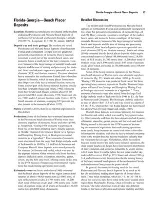 Florida-Georgia—Beach Placer Deposits           93


Florida-Georgia—Beach Placer                                      Detailed Discussion
Deposits                                                                The modern and raised Pleistocene and Pliocene beach
                                                                  deposits of northeastern Florida and southeastern Georgia host
Location: Monazite accumulations are situated in the modern       low-grade but persistent concentrations of monazite (figs. 22
   and raised Pleistocene and Pliocene beach deposits of          and 23). Heavy minerals constitute a small part of the modern
   northeastern Florida and southeastern Georgia. Latitude:       beach sands, and monazite forms a small part of the heavy
   29.85997 N., Longitude: 81.73711 W.; datum: WGS84              minerals. However, because of the large tonnage of suitable
                                                                  beach sand deposits and the ease of mining and processing
Deposit type and basic geology: The modern and raised
                                                                  this material, these beach deposits represent a potential rare
   Pleistocene and Pliocene beach deposits of northeastern
                                                                  earth elements (REE) and thorium resource. Staatz and others
   Florida and southeastern Georgia host low-grade but
                                                                  (1980) estimated that the beach placer deposits of this region
   persistent concentrations of monazite. Heavy minerals
                                                                  contain total reserves of about 198,000 metric tons (218,000
   constitute a small part of the modern beach sands, and
                                                                  tons) of REE oxides, 14,700 metric tons (16,200 short tons) of
   monazite forms a small part of the heavy minerals. How-
                                                                  thorium oxide, and 1,490 metric tons (1,640 tons) of uranium
   ever, because of the large tonnage of suitable beach-sand
                                                                  oxide, all of which are hosted in 330,000 metric tons (364,000
   deposits and the ease of mining and processing this mate-
                                                                  tons) of monazite.
   rial, these beach deposits represent a potential rare earth
                                                                        Some of the heavy-mineral operations in the Pleisto-
   elements (REE) and thorium resource. The most abundant
                                                                  cene beach deposits of Florida were once domestic suppliers
   heavy mineral in the southeastern United States shoreline
                                                                  of monazite (fig. 23). Staatz and others (1980, p. 3) noted,
   deposits is ilmenite, which in many places forms more
                                                                  “During 1978 monazite was produced from two of the three
   than 50 percent of the heavy-mineral fraction; monazite
                                                                  operating heavy-mineral deposits in Florida: Titanium Enter-
   forms a minor part of the heavy-mineral fraction, usually
                                                                  prises at Green Cove Springs and Humphrey Mining Corp.
   less than 1 percent (Staatz and others, 1980). Monazite
                                                                  at Boulogne recovered monazite as a byproduct.” Trace
   from the Florida beach placers contains about 50–60
                                                                  amounts of monazite were also mined from the large Trail
   percent total REE oxides (Kremers, 1958; Staatz and oth-
                                                                  Ridge orebody south of Jacksonville in 1949 by E.I. du Pont
   ers, 1980) and 4–5 percent thorium oxide (Calver, 1957).
                                                                  de Nemours and Company. The Boulogne orebody underlies
   Small amounts of uranium, averaging 0.55 percent, are
                                                                  an area of about 4 km2 (1.5 mi2) and was mined to a depth of
   also present in the monazite (Calver, 1957).
                                                                  4.6 m (15 ft), whereas the Trail Ridge deposit has been traced
Status: Currently (2010), there is no reported exploration in     for about 29 km (18 mi) (Staatz and others, 1980).
    this district.                                                      Overall, these deposits were mined primarily for titanium
                                                                  (in ilmenite and rutile), which was used by the pigment indus-
Production: Some of the former heavy-mineral operations
                                                                  try. Other minerals sold from the three deposits include kyanite,
   in the Pleistocene beach deposits of Florida were once
                                                                  sillimanite, staurolite, garnet, zircon, and the host sand itself.
   domestic suppliers of monazite. Staatz and others (1980,
                                                                  Mining ceased in this area in late 1978 because of increas-
   p. 3) reported, “During 1978 monazite was produced
                                                                  ing environmental regulations that made mining operations
   from two of the three operating heavy-mineral deposits
                                                                  more costly. Steep increases in coastal real-estate values also
   in Florida: Titanium Enterprises at Green Cove Springs
                                                                  influenced the situation, such that the heavy-mineral concentra-
   and Humphrey Mining Corp. at Boulogne recovered
                                                                  tions in the modern beaches became much less valuable than
   monazite as a byproduct.” Trace amounts of monazite
                                                                  the real estate they occupy. Nonetheless, while the modern
   were also mined from the large Trail Ridge orebody south
                                                                  beaches hosted most of the early heavy-mineral operations, the
   of Jacksonville in 1949 by E.I. du Pont de Nemours and
                                                                  older inland beaches are larger, have more uniform distribution
   Company. Overall, these deposits were mined primarily
                                                                  of heavy minerals, and are not as vulnerable to severe storms,
   for titanium (in ilmenite and rutile), which was used by
                                                                  which made them favorable before the real estate market sky-
   the pigment industry. Other minerals sold from the three
                                                                  rocketed (Overstreet, 1967, p. 125). Staatz and others (1980, p.
   deposits include kyanite, sillimanite, staurolite, garnet,
                                                                  3–4, and references cited therein) describe the mining history
   zircon, and the host sand itself. Mining ceased in this area
                                                                  of the heavy-mineral beach placers of the northeastern Florida
   in late 1978 because of increasing environmental regula-
                                                                  and southeastern Georgia area in greater detail.
   tions that made mining operations more costly.
                                                                        In general, the monazite-bearing sands in the raised
Estimated resources: Staatz and others (1980) estimated           Pleistocene and Pliocene beach deposits lie as much as 80
    that the beach placer deposits of this region contain total   km (50 mi) inland, making them deposits of former shore-
    reserves of about 198,000 metric tons (218,000 tons) of       lines. These relict shorelines, which lie 3–33 m (10–108 ft)
    rare earth elements oxides, 14,700 metric tons (16,200        above the sea level, have been noted in the outer coastal plain
    short tons) of thorium oxide, and 1,490 metric tons (1,640    region from Maryland to Florida. Once referred to as “marine
    tons) of uranium oxide, all of which are hosted in 330,000    terraces,” the relict shorelines were divided into different
    metric tons (364,000 tons) of monazite.                       levels on the basis of elevation and tectonic stability and then
 