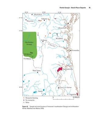 Florida-Georgia—Beach Placer Deposits   95

          82°20'                     82°00'                          81°40'

                        Blackshear
31°15'
                                   Nahunta
             Waycross


                                                                      Brunswick
31°00'




                                                                   Woodbine
                                  Folkston
          Okefenokee
                                              St. M
           Swamp                                   arys
                                                          Riv
                                                              er


                                                                                                   Fernandia

         GEORGIA

         FLORIDA




                                                                                        Jacksonville
                     MacClenny                                                             x
                                                                                  ver
                                                                     St. Johns Ri




30°00'                                                                    Green Cove Springs

                              Starke
                                  x
                                                                                            St. Augustine

           Monazite-bearing                               0                                            25 MILES
           No monazite
         X Mine

     Figure 23. Sample and mine locations of monazite in southeastern Georgia and northeastern
     Florida. Modified from Mertie (1975).
 