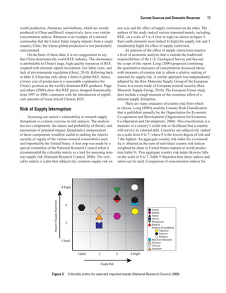 Current Sources and Domestic Reserves     17

world production. Antimony and niobium, which are mostly                                      one axis and the effect of supply restriction on the other. The
produced in China and Brazil, respectively, have very similar                                 authors of the study ranked various imported metals, including
concentration indices. Rhenium is an example of a mineral                                     REE, on a scale of 1 to 4 (low to high) as shown in figure 3.
commodity that the United States largely imports from a single                                Rare earth elements were ranked 4 (high) for supply risk and 3
country, Chile, but whose global production is not particularly                               (moderately high) for effect of supply restriction.
concentrated.                                                                                       An analysis of the effect of supply restrictions requires
      On the basis of these data, it is no exaggeration to say                                a level of economic analysis that is outside the traditional
that China dominates the world REE industry. This dominance                                   responsibilities of the U.S. Geological Survey and beyond
is attributable to China’s large, high-quality resources of REE                               the scope of this report. Long (2009) proposed combining
coupled with minimal capital investment, low labor costs, and                                 the quantitative measures of concentration discussed above
lack of environmental regulation (Hurst, 2010). Referring back                                with measures of country risk to obtain a relative ranking of
to table 8, China has only about a third of global REE; hence,                                minerals by supply risk. A similar approach was independently
a lower cost of production is a reasonable explanation for                                    adopted by the Raw Materials Supply Group of the European
China’s position as the world’s dominant REE producer. Papp                                   Union in a recent study of European mineral security (Raw
and others (2008) show that REE prices dropped dramatically                                   Materials Supply Group, 2010). The European Union study
from 1997 to 2008, consistent with the introduction of signifi-                               does include a rough measure of the economic effect of a
cant amounts of lower priced Chinese REE.                                                     mineral supply disruption.
                                                                                                    There are many measures of country risk from which
Risk of Supply Interruption                                                                   to choose. Long (2009) used the Country Risk Classification
                                                                                              that is published annually by the Organization for Economic
      Assessing our nation’s vulnerability to mineral-supply                                  Co-operation and Development (Organization for Economic
disruptions is a classic exercise in risk analysis. The analysis                              Co-Operation and Development, 2008). This classification is a
has two components: the nature and probability of threats, and                                measure of a country’s credit risk or likelihood that a country
assessment of potential impact. Quantitative measurement                                      will service its external debt. Countries are subjectively ranked
of these components would be useful in ranking the relative                                   on a scale from 0 to 7, where 0 is the lowest degree of risk and
security of supply of the various mineral commodities used                                    7 the highest. An aggregate country risk index for a commod-
and imported by the United States. A first step was made by a                                 ity is obtained as the sum of individual country risk indices
special committee of the National Research Council when it                                    weighted by share in United States imports or world produc-
recommended the criticality matrix as a tool for assessing min-                               tion (table 9). This aggregate country risk index likewise falls
eral supply risk (National Research Council, 2008). The criti-                                on the scale of 0 to 7. Table 9 illustrates how these indices and
cality matrix is a plot that subjectively contrasts supply risk on                            ratios can be used. Comparison of concentration indices for




                                                       4 (high)
                        Impact of Supply Restriction




                                                          3
                                                                                                                         Copper
                                                                                                                         Gallium
                                                                                                                         Indium
                                                                                                                         Lithium
                                                                                                                         Manganese
                                                          2
                                                                                                                         Niobium
                                                                                                                         Platinum Group Metals
                                                                                                                                Palladium
                                                                                                                                Platinum
                                                                                                                                Rhodium
                                                                                                                         Rare Earth Elements
                                                       1 (low)
                                                                                                                         Tantalum
                                                                                                                         Titanium
                                                                                                                         Vanadium

                                                                  1 (low)   2                 3        4 (high)


                                                                                Supply Risk


                      Figure 3. Criticality matrix for selected imported metals (National Research Council, 2008).
 
