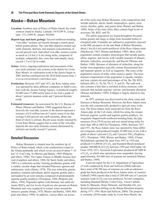 28     The Principal Rare Earth Elements Deposits of the United States

                                                                  all of the rocks near Bokan Mountain, with compositions that
Alaska—Bokan Mountain                                             include andesite, dacite, basalt, lamprophyre, quartz, mon-
                                                                  zonite, rhyolite, aplite, and quartz latite (Warner and Barker,
Location: Southern area of Prince of Wales Island, the south-     1989). Some of the more felsic dikes contain high levels of
   ernmost island in Alaska. Latitude: 54.91299 N., Longi-        accessory Nb, REE, and Th.
   tude: 132.13509 W.; datum: WGS84                                     The aplitic pegmatites are found throughout the peral-
Deposit type and basic geology: Several northwest-trending        kaline granite and range in shape from lensoidal bodies to
   “vein-dike” systems cut linearly through a zoned, peral-       elongated pods. Examples are radioactive pegmatites exposed
   kaline granite pluton. The vein-dike deposits contain rare     in the IML prospects on the east flank of Bokan Mountain,
   earth elements, thorium, and uranium concentrations of         about 1 km (0.6 mi) north-northwest of the Ross-Adams mine
   several percent each. Individual vein-dike systems extend      (MacKevett, 1963; Warner and Barker, 1989). Most of the
   as much as 2.6 km (1.6 mi) along strike, composed of           pegmatites contain complex mineralogies that include quartz,
   multiple, subparallel, thin veins that individually rarely     albite, aegirine, and zircon, with variable amounts of allanite,
   exceed 1.5 m (5 ft) in width.                                  ilmenite, riebeckite, arsenopyrite, and fluorite (Warner and
                                                                  Barker, 1989). Because of alteration of riebeckite, along the
Status: Active, ongoing exploration and assessment of the         border zone pegmatites typically contain disseminated iron
    rare earth elements vein systems in the district by Ucore     and titanium spinels, as well as magnetite. The cores of the
    Rare Metals; its exploration work in the district began in
                                                                  pegmatites consist of milky white massive quartz. The trace
    2007 and has continued into the 2010 field season (http://
                                                                  element compositions of the pegmatites is equally complex
    www.ucoreraremetals.com/bokan.asp).
                                                                  and may contain elevated percentages of Au, Be, Nb, REE,
Production: Between 1957 and 1971, the Ross-Adams mine            hafnium (Hf), Li, Ta, Sn, Th, U, Y, and Zr. The wall rock
   was operated by three different companies to fulfill a con-    also contains a halo that is enriched in these elements, with
   tract with the Atomic Energy Agency; it produced roughly       minerals that include aegirine, sericite, and hematite alteration
   85,000 tons (77,000 metric tons) of ore with a grade of        (Warner and Barker, 1989). Feldspar is largely altered to clay
   about 1 percent uranium oxide and 3 percent thorium            minerals.
   oxide.                                                               In 1955, uranium was discovered in the shear zones and
                                                                  fractures at Bokan Mountain. However, the Ross-Adams mine
Estimated resources: An assessment by the U.S. Bureau of
                                                                  was the only commercially productive open pit mine in the
    Mines (Warner and Barker, 1989) suggested that col-
                                                                  area. The Ross-Adams mine extracted ore from the Ross-
    lectively the vein-dike systems in the district represent a
                                                                  Adams pipe on the Cub claim, which lies along the contact
    resource of 6.8 million tons (6.2 metric tons) of ore that
                                                                  between aegirine syenite and aegirine granite porphyry. An
    average 0.264 percent rare earth elements, about one-
                                                                  irregularly shaped north-northwest-trending body, the pipe
    third of which is yttrium. Recent assay results released by
                                                                  measures 24 m (79 ft) across and was mined along strike for
    Ucore Rare Metals suggest that in some of the vein-dike
                                                                  more than 300 m (984 ft) (Thompson, 1988). Between 1957
    deposits the rare earth elements content (dominated by
                                                                  and 1971, the Ross-Adams mine was operated by three differ-
    yttrium) can locally exceed 11 percent.
                                                                  ent companies and produced roughly 85,000 tons of ore with a
                                                                  grade of about 1 percent U3O8 and 3 percent ThO2 (Stephens,
Detailed Discussion                                               1971; Thompson, 1988; Warner and Barker, 1989). Climax
                                                                  Molybdenum operated the mine from 1957 to 1959 and
     Bokan Mountain is situated near the southern tip of          produced 315,000 lb of U3O8, and Standard Metals produced
Prince of Wales Island, which is the southernmost island in       another 300,000 lb of U3O8 between 1959 and 1964 (table 14).
the Alaska panhandle and which covers an area of about 7–10       From 1970–1971, Newmont Exploration produced 687,000 lb
km2 (3–4 mi2) (fig. 4) (Warner and Barker, 1989; Philpotts        of U3O8, at which time operations were suspended, leaving
and others, 1998). The Upper Triassic to Middle Jurassic host     approximately 365,000 tons of uranium ore unmined (Warner
rock (Lanphere and others, 1964; De Saint-Andre and others,       and Barker, 1989).
1983) is a riebeckite-acmite−bearing peralkaline granite with           A private report for the U.S. Department of Agriculture
a crudely circular shape that intruded Paleozoic igneous and      of work conducted by Kent and Sullivan (2004) indicates
sedimentary rocks (Staatz, 1978). The core riebeckite granite     that a total of 90,700 tons of uranium ore with an unknown
porphyry contains subordinate aplitic aegirine granite and is     grade has been produced at the Ross-Adams mine; in contrast,
surrounded by an outer annulus composed of predominantly          Cathrall (1994) reports that a total of 209,400 tons of 1 percent
aegirine granite porphyry (Thompson, 1988; Philpotts and          uranium oxide (U3O8) ore was produced. Several companies,
others, 1998). Pegmatite-aplites with thorium, rare earth ele-    including Standard Metals, Cotter Corp., Union Carbide,
ments (REE), and low levels of gold are also present on Bokan     Santa Fe Minerals, Dome Minerals, and Humble Oil, con-
Mountain and were emplaced in contact zones around the            ducted exploration drilling on the Bokan Mountain property
intrusive granite (Staatz, 1978; Warner and Barker, 1989; Phil-   during 1971–1981 (Kent and Sullivan, 2004). The property
potts and others, 1998). In addition, various dikes cut across    is currently (2010) under study by Ucore Rare Metals; the
 