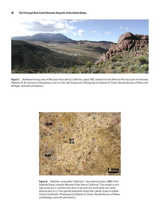 38     The Principal Rare Earth Elements Deposits of the United States




Figure 7. Northwest-facing view of Mountain Pass district, California, about 1997, viewed from the Mineral Hill area south of Interstate
Highway 15. An outcrop of ultrapotassic rock is in the right foreground. (Photograph by Stephen B. Castor, Nevada Bureau of Mines and
Geology; used with permission.)




                           Figure 8. Dolomitic carbonatite (“beforsite,” described by Castor, 2008) of the
                           Sulphide Queen orebody, Mountain Pass district, California. This sample is very
                           high grade ore; it contains more than 12 percent rare earth oxide. bar, barite
                           phenocrysts; b+cc, fine-grained bastnasite mixed with calcite; brown to yellow
                           mineral is dolomite. (Photograph by Stephen B. Castor, Nevada Bureau of Mines
                           and Geology; used with permission.)
 