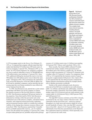 42     The Principal Rare Earth Elements Deposits of the United States

                                                                                                        Figure 9. Northwest-
                                                                                                        facing view of Iron
                                                                                                        Hill, Gunnison County,
                                                                                                        southwestern Colorado.
                                                                                                        Iron Hill is formed by a
                                                                                                        massive carbonatite stock
                                                                                                        that forms the center of an
                                                                                                        alkaline intrusive complex.
                                                                                                        This complex hosts
                                                                                                        many mineral resources,
                                                                                                        including titanium,
                                                                                                        niobium, rare earth
                                                                                                        elements, and thorium
                                                                                                        (Van Gosen and Lowers,
                                                                                                        2007). The carbonatite
                                                                                                        stock is estimated to
                                                                                                        consist of 655.6 metric tons
                                                                                                        of carbonatite containing
                                                                                                        2.6 million metric tons
                                                                                                        of rare earth elements
                                                                                                        oxides, 28,200 metric tons
                                                                                                        of thorium oxide, and
                                                                                                        373,700 metric tons of
                                                                                                        niobium oxide (Staatz and
                                                                                                        others, 1979, p. 30).




A 1976 newspaper article in the Denver Post (February 25,         resource of 1.6 billion metric tons (1.8 billion tons) grading
1976, p. 31) reported that company officials stated that their    10.9 percent TiO2” (Shaver and Lunceford, 1998, p. 63).
studies had identified 419 million tons (380 metric tons) of            More recently, Van Gosen (2008) collected 24 widely
reserves averaging 12 percent TiO2. Thompson (1987, p. 27)        scattered near-surface samples of the pyroxenite unit in
noted, “In 1976, Kaiser Engineers, Inc. prepared a computer       the northern part of the intrusive complex (fig. 10). Results
ore reserve analysis indicating a reserve of 390,000,000 tons     showed a high concentration of 5.74 percent Ti (titanium) with
(350 million metric tons) assaying 11.5 percent TiO2. Since       a median value of 3.2 percent Ti content. For comparison, Best
1976, additional drilling has increased the reserve to at least   (1982, p. 615) reported that the titanium content of typical
500 million tons (450 million metric tons) of about the same      pyroxenite is approximately 0.88 percent. Also, Upton (1967,
grade.” Thompson (1983, 1987) summarizes the exploration          p. 283) reported that the Iron Hill pyroxenite contained the
work at Iron Hill during the 1970s and 1980s by Buttes Gas        highest titanium concentrations among his example chemis-
& Oil and its subsidiary companies, and he describes the pro-     tries of alkaline pyroxenites worldwide.
cessing steps that were being considered to most effectively            Similar to the central carbonatite stock, the pyrox-
extract titanium from the rock.                                   enite unit at Iron Hill also is enriched in rare earth elements
      In 1990, Teck Resources Ltd. entered into a joint venture   (table 17), niobium, and thorium and, additionally, vanadium.
partnership with Buttes Gas & Oil Company to explore              Pyroxenite samples collected by Van Gosen (2008) contained
the titanium resources of the Iron Hill intrusive complex.        median values of 0.143 percent total rare earth elements oxide
In 1994, Teck Resources purchased 100 percent interest in         content (table 2), 0.036 percent Nb2O5, 0.0025 percent ThO2,
the properties. Since then (and by 2010), Teck Resources          and 0.046 percent V2O5.
delineated an orebody within the pyroxenite rock in the                 The high REE resource estimates at Iron Hill, Colorado,
northeastern area of the intrusive complex, calculated reserve    are biased by the very large volume of the host rocks—the
estimates, and conducted mineral processing, marketing,           carbonatite and the pyroxenite unit—which are exposed
and environmental baseline studies to evaluate the economic       throughout very large areas and extend at depth for at least
viability of developing these titanium resources (Shaver and      several hundreds of meters. Also, note that REE concentra-
Lunceford, 1998). Teck Resources reported that “mineable          tions at Iron Hill—about 0.14–0.19 percent REE oxide—are
proven, probable and possible reserves…are 41.8 million           substantially lower than the concentrations in the Mountain
metric tons (46 million tons) grading 13.2 percent TiO2 within    Pass carbonatite deposit (California), which reportedly aver-
an open-ended global proven, probable and possible geologic       ages 8.9 percent rare earth oxide.
 