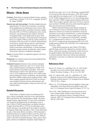 56     The Principal Rare Earth Elements Deposits of the United States

                                                                    this drill core, each 7.6–9.1 m (25–30 ft) long, contained 0.007
Illinois—Hicks Dome                                                 to 0.18 percent ThO2 (Brown and others, 1954). REE content
                                                                    in the eight drill-core samples was 0.1–0.99 weight percent
Location: Hicks Dome is located in Hardin County, southern-         Y; 0.01–0.099 weight percent for La, Ce, Nd, and dysprosium
   most Illinois. Latitude: 37.53131 N., Longitude: 88.36873        (Dy); and 0.001–0.0099 weight percent ytterbium (Yb) (Trace,
   W.; datum: WGS84                                                 1960). These samples represent only 64 m (210 ft) of a breccia
Deposit type and basic geology: The dome-shaped structure,          zone enriched in Th-REE; this zone could extend throughout a
   approximately 14.5 km (9 mi) in diameter, was formed             large area across the roof of Hicks Dome.
   by the displacement of sedimentary rocks at least 1,200                Shallow diamond drilling and trenching sampled an
   m (3,940 ft) upward above an alkaline intrusion at depth.        area of radioactive breccia atop Hicks Dome in which the
   More than 600 m (1,970 ft) of sedimentary rocks, mostly          radioactive mineral was tentatively identified as monazite,
   limestone, were pushed up by the explosive intrusion             and found, in association with florencite, a cerium-aluminum
   of magmatic fluids. A hole drilled near the apex of the          phosphate (Trace, 1960). A surface sample from a trench
   dome (Brown and others, 1954) intersected a mineralized          contained 0.1–0.5 weight percent Th plus REE, including
   breccia at a depth of 490 m (1,607 ft), which continues to       0.5–1 weight percent Ce and La, 0.1–0.5 weight percent
   the bottom of the hole at 897 m (2,944 ft). Mineralization       Nd, 0.05–0.1 weight percent praseodymium (Pr), 0.01–0.05
   in the breccia contains thorium and rare earth elements,         weight percent terbium (Tb), and 0.005–0.01 weight percent
   tentatively identified as residing in monazite, and is           Yb (Trace, 1960).
   found in association with florencite, a cerium-aluminum                Using airborne gamma-ray data, Pitkin (1974) delin-
   phosphate; gangue minerals are fluorspar, calcite, quartz,       eated the large extent of the radioactivity anomaly at Hicks
   minor pyrite, and traces of sphalerite and galena.               Dome, which arises because of its thorium content. However,
                                                                    the apparent depth of this REE-thorium deposit may limit
Status: Currently (2010), no exploration appears to be active       its resource potential. Much more surface and subsurface
    at this feature.                                                exploration is necessary to evaluate the extent and grade of
Production: No mineral resources have been produced from            this deposit.
   this intrusive complex.
Estimated resources: Resources have not been estimated.             References Cited
    Eight samples of drill core, each 7.6–9.1 m (25–30 ft)
    long, contained thorium concentrations of 0.007−0.18            Brown, J.S., Emery, J.A., and Meyer, P.A., Jr., 1954, Explo-
    percent thorium oxide (Brown and others, 1954). Rare              sion pipe in test well on Hicks Dome, Hardin County,
    earth elements content in the eight drill-core samples            Illinois: Economic Geology, v. 49, no. 8, p. 891–902.
    was 0.1–0.99 weight percent yttrium; 0.01–0.099 weight
    percent lanthanum, cerium, neodymium, and dysprosium;           Heyl, A.V., Brock, M.R., Jolly, J.L., and Wells, C.E., 1965,
    and 0.001–0.0099 weight percent ytterbium (Trace, 1960).          Regional structure of the southeast Missouri and Illinois-
    These samples represent only 64 m (210 ft) of a breccia           Kentucky mineral districts: U.S. Geological Survey Bulletin
    zone enriched in thorium and rare earth elements; this            1202–B, 20 p., 3 plates.
    zone could extend throughout a large area across the roof
                                                                    Pitkin, J.A., 1974, Preliminary thorium daughter contour map
    of Hicks Dome.
                                                                       and profiles of the Hicks Dome area, Hardin County, Illi-
                                                                       nois: U.S. Geological Survey Open-File Report 74–157, 9 p.
Detailed Discussion                                                 Trace, R.D., 1960, Significance of unusual mineral occur-
                                                                      rence at Hicks Dome, Hardin County, Illinois, in Short
      Hicks Dome, in Hardin County of southernmost Illi-
                                                                      papers in the geological sciences, Geological Survey
nois, overlies a potentially wide area of rare earth elements
                                                                      research, 1960: U.S. Geological Survey Professional Paper
(REE) and thorium (Th) mineralization at depth. The dome-
                                                                      400–B, p. B63–B64.
shaped structure, approximately 14.5 km (9 mi) in diameter,
was formed by the displacement of sedimentary rocks at
least 1,200 m (3,940 ft) upward above an alkaline intrusion
at depth. More than 600 m (1,970 ft) of sedimentary rocks,
mostly limestone, were pushed up by the explosive intrusion
of magmatic fluids (Heyl and others, 1965). A hole drilled near
the apex of the dome (Brown and others, 1954) intersected a
mineralized breccia at a depth of 490 m (1,607 ft), which con-
tinues to the bottom of the hole at 897 m (2,944 ft). Mineral-
ization in the breccia includes fluorspar, calcite, quartz, minor
pyrite, and traces of sphalerite and galena. Eight samples of
 