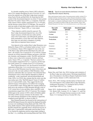 Wyoming—Bear Lodge Mountains                     79

      In a broader sampling survey, Staatz (1983) collected a          Table 22. Typical rare earth elements distribution in the Bear
total of 341 samples throughout an area of 10.6 km2 (4.1 mi2)          Lodge Mountains deposit, Wyoming.
across the exposed core of the Bear Lodge dome (centered
                                                                       [Rare earth elements listed in order of increasing atomic number; yttrium (Y) is
along Taylor Divide and Bull Hill). He found that the REE              included with these elements because it shares chemical and physical similari-
content of the disseminated deposits was about 27 times greater        ties with the lanthanides. Elements listed in order of increasing atomic number.
than their Th content. Staatz (1983, p. 1) reported, “Total rare-      Each sample is a composite metallurgical sample. The most abundant rare earth
earth content of these samples ranged from 47 to 27,145 ppm,           elements in this deposit (in bold) are light rare earths elements. Source: Rare
and the thorium content from 9.3 to 990 ppm. The amount of             Element Resources, Ltd. (http://www.rareelementresources.com/s/Home.asp)]
total rare earths of individual samples shows little correlation
with that of thorium.” Staatz (1983, p. 1) also stated,                       Rare earth               Oxide sample           Unoxidized sample
                                                                               element                   (percent)                (percent)
     “These deposits could be mined by open pit. The                                                                                  32.5
                                                                        Lanthanum                         29.3
     Bear Lodge disseminated deposits have one of the
     largest resources of both total rare earths and tho-               Cerium                            45.0                        46.4
     rium in the United States, and although the grade of               Praseodymium                        4.8                        4.3
     both commodities is lower than some other deposits,
                                                                        Neodymium                         16.8                        13.7
     their large size and relative cheapness of mining
     make them an important future resource.”
                                                                        Samarium                            2.0                        1.4
      Vein deposits in the southern Bear Lodge Mountains were           Europium                            0.4                        0.3
defined by Staatz (1983) as all tabular bodies at least 5 cm (2
in.) in thickness. Staatz (1983) mapped 26 veins in the core            Gadolinium                          0.8                        0.6
of the Bear Lodge uplift and described them all as thin and             Terbium                             0.1                        0.0
short—the longest vein is exposed for 137 m (450 ft). Gangue
                                                                        Dysprosium                          0.2                        0.2
minerals are mostly potassium feldspar and quartz, with limo-
nite, hematite, and manganese oxides. The REE and thorium               Yttrium                             0.5                        0.5
in these veins is observed in monazite, brockite, and bast-                                Total          99.9                        99.9
nasite. Staatz (1983, p. 1) reported, “Thorium content of 35
[vein] samples ranged from 0.01 to 1.2 percent, and the total
rare-earth content of 21 samples from 0.23 to 9.8 percent.”
      Rare Element Resources, Ltd., has focused its recent REE
exploration efforts (http://www.rareelementresources.com/s/
Home.asp) on Bull Mountain (near the center of the dome) and
                                                                       References Cited
areas just to the west and southeast of Bull Mountain, where
numerous carbonatite dikes are exposed. It has delineated three        Ranta, Don, and Clark, Jim, 2010, Geology and evaluation of
mineralogical zones in these deposits dependent on depth of              the Bear Lodge rare-earths project, Wyoming [unpublished
weathering—oxide, transitional, and unoxidized (Ranta and                abs.]: Presentation to the Denver Region Exploration Geolo-
Clark, 2010). As of 2010, they estimate that the oxide zone (the         gists’ Society, January 4, 2010, Lakewood, Colo.
near-surface part of the “Bull Hill deposit”) hosts 4.5 million        Staatz, M.H., 1983, Geology and description of thorium and
tons at 4.3 percent REE oxides. They suggest that the total              rare-earth deposits in the southern Bear Lodge Mountains,
inferred resource of the deposit is 9.8 million tons averaging           northeastern Wyoming: U.S. Geological Survey Profes-
4.1 percent REE oxides. During 2009, the company drilled five            sional Paper 1049–D, 52 p., 2 plates.
holes just to the northwest of Bull Mountain through a total of
5,141 vertical feet of veins and dikes; there, total REE oxide         Staatz, M.H., Armbrustmacher, T.J., Olson, J.C., Brownfield,
concentrations ranged from 2.08 to 9.12 percent. The company             I.K., Brock, M.R., Lemons, J.F., Jr., Coppa, L.V., and Clin-
drilled again in the summer of 2010, which will further update           gan, B.V., 1979, Principal thorium resources in the United
and refine its REE resource estimates for this district. The             States: U.S. Geological Survey Circular 805, 42 p.
rare earth elements distribution in these deposits is apparently
weighted toward light REE, as shown in table 22.
      Rare Element Resources has focused on the oxide portions of
the Bull Hill deposit because this material has displayed favorable
recovery in its metallurgical testing (Ranta and Clark, 2010). The
loose, friable character of this material and fine-grained nature of
the REE minerals have reportedly shown a 90 percent recovery of
REE with a 13 percent REE oxide grade in the less-than-25-mm
(1-in.) fraction by employing a process using simple crushing to
less than ¼ in., scrubbing, and screening (Ranta and Clark, 2010).
 