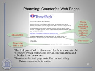 Pharming: Counterfeit Web Pages
11
The link provided in the e-mail leads to a counterfeit
webpage which collects important information and
submits it to the owner.
The counterfeit web page looks like the real thing
Extracts account information
Misspelled
Wiping
over, but
not clicking
the link
may reveal
a different
address.
With whom?
Copyright
date is old
 