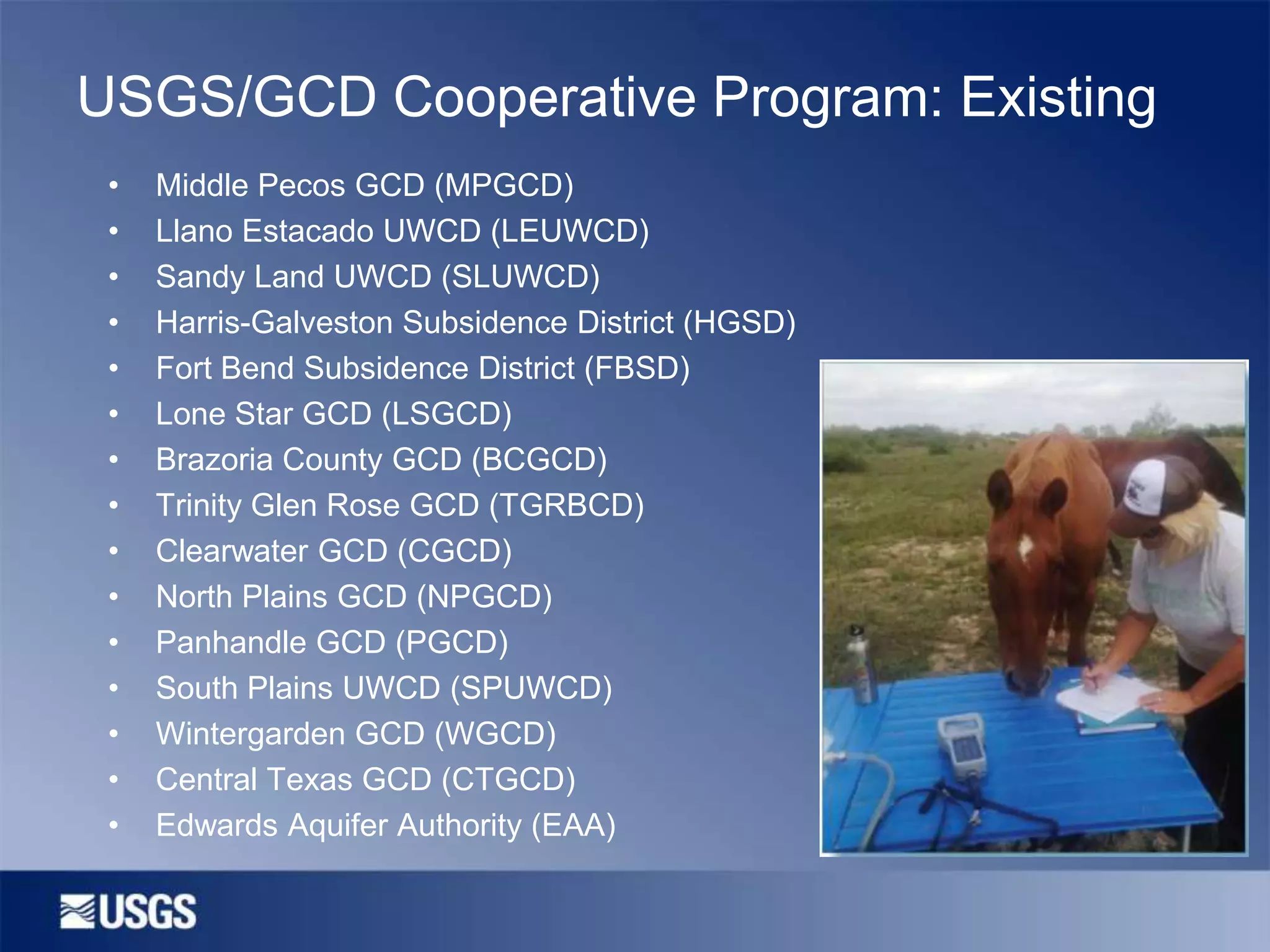 USGS/GCD Cooperative Program: Existing
•
•
•
•
•
•
•
•
•
•
•
•
•
•
•

Middle Pecos GCD (MPGCD)
Llano Estacado UWCD (LEUWCD)
Sandy Land UWCD (SLUWCD)
Harris-Galveston Subsidence District (HGSD)
Fort Bend Subsidence District (FBSD)
Lone Star GCD (LSGCD)
Brazoria County GCD (BCGCD)
Trinity Glen Rose GCD (TGRBCD)
Clearwater GCD (CGCD)
North Plains GCD (NPGCD)
Panhandle GCD (PGCD)
South Plains UWCD (SPUWCD)
Wintergarden GCD (WGCD)
Central Texas GCD (CTGCD)
Edwards Aquifer Authority (EAA)

 
