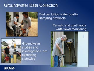 Groundwater Data Collection
Part per billion water quality
sampling protocols
Periodic and continuous
water level monitoring

Groundwater
studies and
investigations are
expanding
statewide

 