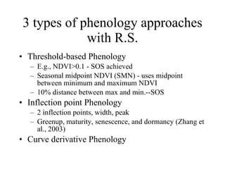 3 types of phenology approaches with R.S. Threshold-based Phenology E.g., NDVI>0.1 - SOS achieved Seasonal midpoint NDVI (SMN) - uses midpoint between minimum and maximum NDVI 10% distance between max and min.--SOS Inflection point Phenology 2 inflection points, width, peak Greenup, maturity, senescence, and dormancy (Zhang et al., 2003) Curve derivative Phenology 