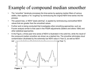 Example of compound median smoother The “smoother” iteratively processes the time-series by applying median filters of various widths, then applies a "re- roughing" by reintroducing the original NDVI time-series into the process.  The upward bias, or NDVI "peak-catching", is applied by reintroducing unsmoothed NDVI values that are greater than the smoothed values.  Further work is being conducted that investigates other smoothing approaches, such as Fourier analysis similar to that used in the FASIR adjustments (Sellers and others 1994) and other statistical approaches.  In the Figure, a three-year time series of NDVI is illustrated in the solid line, while the result of the compound median smoother are shown as a dashed line. The smoother eliminates cloud contamination (illustrated by the extremely low NDVI value in Year 2), as well as NDVI reducing perturbations (illustrated during the greenup during Year 1). 