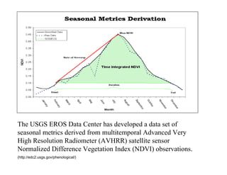 The USGS EROS Data Center has developed a data set of seasonal metrics derived from multitemporal Advanced Very High Resolution Radiometer (AVHRR) satellite sensor Normalized Difference Vegetation Index (NDVI) observations. (http://edc2.usgs.gov/phenological/) 