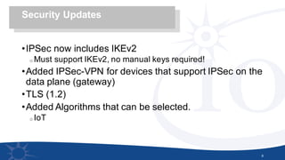 •IPSec now includes IKEv2
o Must support IKEv2, no manual keys required!
•Added IPSec-VPN for devices that support IPSec on the
data plane (gateway)
•TLS (1.2)
•Added Algorithms that can be selected.
o IoT
9
Security Updates
 