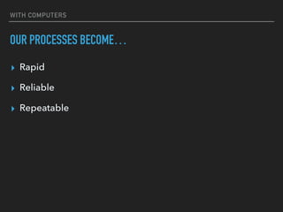 WITH COMPUTERS
OUR PROCESSES BECOME…
▸ Rapid
▸ Reliable
▸ Repeatable
 
