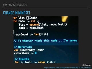 CONTINUOUS DELIVERY
CHANGE IN MINDSET
@thisisnkp
https://twitter.com/lukegb/status/539744763071979520
 