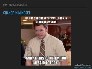 CONTINUOUS DELIVERY
CHANGE IN MINDSET
/u/CodeTheInternet
https://redd.it/2xxstj
 