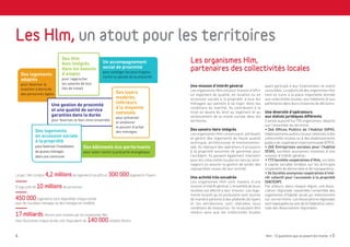 4 Hlm : 12 questions que se posent les maires • 5
Les Hlm, un atout pour les territoires
Les organismes Hlm,
partenaires des collectivités locales
Une mission d’intérêt général
Les organismes Hlm ont pour mission d’offrir
un logement de qualité, en location ou en
accession sociale à la propriété, à tous les
ménages qui peinent à se loger dans les
conditions du marché. Ils contribuent à la
mise en œuvre du droit au logement et au
renforcement de la mixité sociale dans les
territoires.
Des savoirs-faire intégrés
Les organismes Hlm construisent, attribuent
et gèrent des logements de haute qualité
technique, architecturale et environnemen-
tale. Ils réalisent des opérations d’accession
à la propriété assorties de garanties pour
l’accédant. Ils peuvent également intervenir
pour les collectivités locales en tant qu’amé-
nageurs ou assurer la gestion de syndic des
copropriétés issues de leur activité.
Une activité très encadrée
Les organismes Hlm sont investis d’une
mission d’intérêt général. L’ensemble de leurs
recettes est affecté à leur mission. Les loge-
ments locatifs qu’ils produisent sont soumis
de manière pérenne à des plafonds de loyers
et les attributions sont réalisées sous
conditions de ressources. Ils ne peuvent être
vendus sans que les collectivités locales
ayant participé à leur financement ne soient
consultées. La spécificité des organismes Hlm
tient en outre à la place importante donnée
aux collectivités locales, aux habitants et aux
partenaires dans leurs instances de décisions.
Une diversité d’opérateurs
aux statuts juridiques différents
Il existe aujourd’hui 755 organismes, répartis
sur l’ensemble du territoire :
• 266 Offices Publics de l’Habitat (OPH),
établissements publics locaux rattachés à des
collectivités locales ou à des établissements
publics de coopération intercommunale (EPCI) ;
• 260 Entreprises sociales pour l’habitat
(ESH), sociétés anonymes investies d’une
mission d’intérêt général ;
• 173 Sociétés coopératives d’Hlm, sociétés
à capital variable fondées sur les principes
coopératifs de démocratie et de transparence ;
• 56 Sociétés anonymes coopératives d’inté-
rêt collectif pour l’accession à la propriété
(SACICAP).
Par ailleurs, dans chaque région, une Asso-
ciation régionale rassemble l’ensemble des
organismes d’habitat social qui interviennent
sur son territoire. Les Associations régionales
sont regroupées au sein de la Fédération natio-
nale des Associations régionales.
Des Hlm
bien intégrés
dans les bassins
d’emploi
pour rapprocher
les salariés de leur
lieu de travail
Des logements
adaptés
pour favoriser le
maintien à domicile
des personnes âgées
Un accompagnement
social de proximité
pour protéger les plus fragiles
contre la spirale de la précarité
Le parc Hlm compte 4,2 millionsde logements locatifs et 300 000logements-foyers.
Il loge près de 10 millionsde personnes.
450 000 logements sont disponibles chaque année
pour de nouveaux ménages ou des ménages en mobilité.
17 milliards d’euros sont investis par les organismes Hlm
dans l’économie chaque année, soit l’équivalent de 140 000 emplois directs.
Des bâtiments éco-performants
pour lutter contre la précarité énergétique
Une gestion de proximité
et une qualité de service
garanties dans la durée
pour favoriser le bien vivre-ensemble
Des logements
en accession sociale
à la propriété
pour favoriser l’installation
de jeunes ménages
dans une commune
Des loyers
modérés,
inférieurs
à la moyenne
nationale
pour préserver
et améliorer
le pouvoir d’achat
des ménages
 