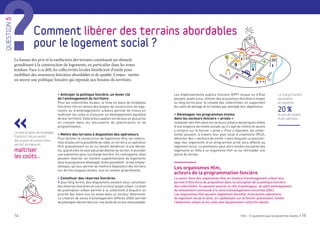 14 Hlm : 12 questions que se posent les maires • 15
Les établissements publics fonciers (EPF) locaux ou d’État
peuvent, quant à eux, réaliser des acquisitions foncières à moyen
ou long terme pour le compte des collectivités, en supportant
les coûts de portage et en traitant par exemple leur dépollution.
• Développer les programmes mixtes
dans les secteurs fonciers « prisés »
Implanter des Hlm dans les secteurs urbains dynamiques relève
d’une exigence de mixité sociale, qu’il s’agit de mettre en œuvre
y compris sur le foncier « prisé ». Pour y répondre, les collec-
tivités peuvent, à travers leur plan local d’urbanisme (PLU),
délimiter des « secteurs de mixité » dans lesquels un pourcen-
tage des logements d’un programme privé sera affecté au
logement social. Le promoteur peut alors vendre une partie des
logements en Véfa à un organisme Hlm ou lui rétrocéder une
partie du terrain.
• Anticiper la politique foncière, un levier clé
de l’aménagement du territoire
Pour les collectivités locales, la mise en place de stratégies
foncières très en amont des projets de construction de loge-
ments ou d’aménagements urbains permet de mieux en
maîtriser les coûts et d’assurer un développement équilibré
de leur territoire. Cette préoccupation est de plus en plus prise
en compte dans les documents de planification et de
programmation.
• Mettre des terrains à disposition des opérateurs
Pour faciliter la construction de logements Hlm, les collecti-
vités locales ont la possibilité de céder un terrain à un opérateur
Hlm gratuitement ou en lui faisant bénéficier d’une décote.
Ou, quand elles ne sont pas propriétaires du terrain, d’accorder
une subvention pour surcharge foncière. En contrepartie, elles
peuvent réserver un nombre supplémentaire de logements
dans le programme développé. Autre possibilité : le bail emphy-
téotique, qui leur permet de mettre à disposition des terrains
sur de très longues durées, tout en restant propriétaires.
• Constituer des réserves foncières
À plus long terme, des dispositions existent pour constituer
des réserves foncières en vue d’un futur projet urbain. Le droit
de préemption urbain permet à la collectivité d’acquérir en
priorité des biens mis en vente dans un secteur déterminé.
La création de zones d’aménagement différée (ZAD) permet
de préempterdes terrainssurune durée de six ans renouvelable.
La hausse des prix et la raréfaction des terrains constituent un obstacle
grandissant à la construction de logements, en particulier dans les zones
tendues. Face à ce défi, les collectivités locales bénéficient d’outils pour
mobiliser des ressources foncières abordables et de qualité. L’enjeu : mettre
en œuvre une politique foncière qui réponde aux besoins du territoire.
La charge foncière
représente
en moyenne
20 %
du prix de revient
d’une opération. 
Les organismes Hlm,
acteurs de la programmation foncière
Le savoir-faire des organismes Hlm en matière d’aménagement urbain leur
permet d’être force de proposition dans la conception de la politique foncière
des collectivités. Ils peuvent assurer le rôle d’aménageur, du petit aménagement
de lotissement communal à la zone d’aménagement concertée (ZAC).
Les organismes Hlm peuvent également densifier d’anciennes opérations
de logement social et ainsi, en capitalisant sur le foncier préexistant, limiter
l’étalement urbain et les coûts des équipements collectifs induits.
Comment libérer des terrains abordables
pour le logement social ?
QUESTION5
Foncier : comment mieux maîtriser les coûts ?
La mise en place de stratégies
foncières très en amont
des projets de construction
permet de mieux en
maîtriser
les coûts. »
 