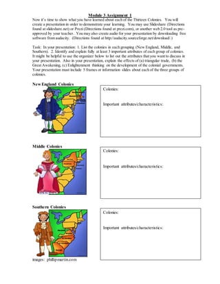 Module 3 Assignment 1 
Now it’s time to show what you have learned about each of the Thirteen Colonies. You will 
create a presentation in order to demonstrate your learning. You may use Slideshare (Directions 
found at slideshare.net) or Prezi (Directions found at prezi.com), or another web 2.0 tool as pre-approved 
by your teacher. You may also create audio for your presentation by downloading free 
software from audacity. (Directions found at http://audacity.sourceforge.net/download/.) 
Task: In your presentation: 1. List the colonies in each grouping (New England, Middle, and 
Southern). 2. Identify and explain fully at least 3 important attributes of each group of colonies. 
It might be helpful to use the organizer below to list out the attributes that you want to discuss in 
your presentation. Also in your presentation, explain the effects of (a) triangular trade, (b) the 
Great Awakening, (c) Enlightenment thinking on the development of the colonial governments. 
Your presentation must include 5 frames or information slides about each of the three groups of 
colonies. 
New England Colonies 
Middle Colonies 
Southern Colonies 
images: phillipmartin.com 
Colonies: 
Important attributes/characteristics: 
Colonies: 
Important attributes/characteristics: 
Colonies: 
Important attributes/characteristics: 
 