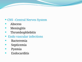  CNS –Central Nerves System
 Abscess
 Meningitis
 Thrombophlebitis
 Endo vascular infections
 Bacteremia
 Septicemia
 Pyemia
 Endocarditis
 