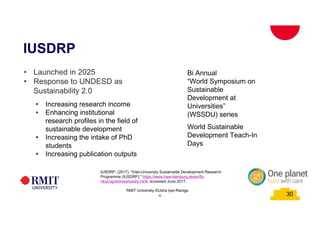 30
IUSDRP
30
RMIT University ©Usha Iyer-Raniga
• Launched in 2025
• Response to UNDESD as
Sustainability 2.0
30
• Increasing research income
• Enhancing institutional
research profiles in the field of
sustainable development
• Increasing the intake of PhD
students
• Increasing publication outputs
IUSDRP. (2017). "Inter-University Sustainable Development Research
Programme (IUSDRP)." https://www.haw-hamburg.de/en/ftz-
nk/programmes/iusdrp.html, accessed June 2017.
World Sustainable
Development Teach-In
Days
Bi Annual
“World Symposium on
Sustainable
Development at
Universities”
(WSSDU) series
 