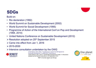 37
SDGs
Build on:
• Rio declaration (1992)
• World Summit on Sustainable Development (2002)
• World Summit for Social Development (1995)
• Programme of Action of the International Conf on Pop and Development
(1994, 2014)
• United Nations Conference on Sustainable Development (2012)
Ø Resolution adopted on 25th September 2015
Ø Came into effect from Jan 1, 2016
Ø 2015-2030
Ø Intensive consultation undertaken by the OWG
RMIT University ©Usha Iyer-Raniga
37
United Nations (UN). (2016). "Transforming our world: The 2030 Agenda for
Sustainable Development." In A/RES/70/1. United Nations.
United Nations (UN). (2015). "Sustainable Development Goals." In Resolution
adopted by the General Assembly on 25 September 2015.
 