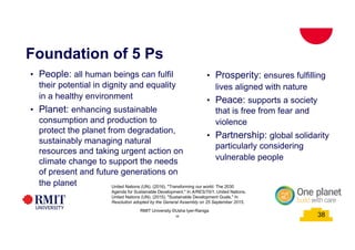 38
Foundation of 5 Ps
38
RMIT University ©Usha Iyer-Raniga
• People: all human beings can fulfil
their potential in dignity and equality
in a healthy environment
• Planet: enhancing sustainable
consumption and production to
protect the planet from degradation,
sustainably managing natural
resources and taking urgent action on
climate change to support the needs
of present and future generations on
the planet United Nations (UN). (2016). "Transforming our world: The 2030
Agenda for Sustainable Development." In A/RES/70/1. United Nations.
United Nations (UN). (2015). "Sustainable Development Goals." In
Resolution adopted by the General Assembly on 25 September 2015.
38
• Prosperity: ensures fulfilling
lives aligned with nature
• Peace: supports a society
that is free from fear and
violence
• Partnership: global solidarity
particularly considering
vulnerable people
 