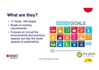 40
What are they?
• 17 Goals, 169 targets
• Builds on existing
commitments
• Focuses on not just the
environmental and economic
aspects, but also the social
aspects of sustainability
Source:
http://www.un.org/sustainabledevelopment/news/communications-
material/
40
RMIT University ©Usha Iyer-Raniga
 