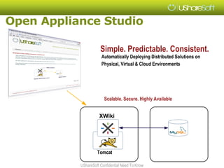 Open Appliance Studio

                      Simple. Predictable. Consistent.
                      Automatically Deploying Distributed Solutions on
                      Physical, Virtual & Cloud Environments




                        Scalable. Secure. Highly Available


                     XWiki




                    Tomcat

           UShareSoft Confidential Need To Know
 