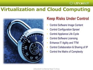 Virtualization and Cloud Computing
                              Keep Risks Under Control
                              • Control Software Image Content
                              • Control Configuration Sprawl
                              • Control Appliance Life Cycle
                              • Control Software Licensing
                              • Enhance IT Agility and TTM
                              • Control Collaboration & Sharing of IP
                              • Control the Matrix of Complexity




            UShareSoft Confidential Need To Know
 