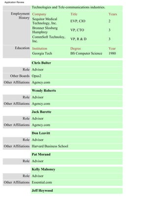 Application Review

                     Technologies and Tele-communications industries.
     Employment Company                       Title                     Years
         History Sequitor Medical
                                              EVP, CIO                  2
                 Technology, Inc.
                 Bronner Slosberg
                                              VP, CTO                   3
                 Humphrey
                 CommSoft Technoloy,
                                              VP, R & D                 3
                 Inc.
         Education Institution                Degree                    Year
                   Georgia Tech               BS Computer Science       1980

                     Chris Bulter
                Role Advisor
     Other Boards Opus2
Other Affiliations Agency.com

                     Wendy Roberts
                Role Advisor
Other Affiliations Agency.com

                     Jack Barette
                Role Advisor
Other Affiliations Agency.com

                     Don Leavitt
                Role Advisor
Other Affiliations Harvard Business School

                     Pat Morand
                Role Advisor

                     Kelly Mahoney
                Role Advisor
Other Affiliations Essential.com

                     Jeff Heywood
 