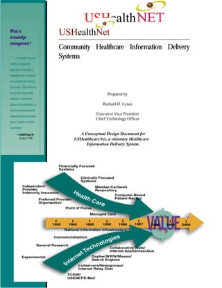 USHealth
USHealthNet
Community Healthcare Information Delivery
Systems




                     Prepared by

                  Richard D. Lynes

               Executive Vice President
               Chief Technology Officer


      A Conceptual Design Document for
    USHealthcareNet, a visionary Healthcare
         Information Delivery System.
 