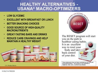 HEALTHY ALTERNATIVES - USANA ®  MACRO-OPTIMIZERS 16 HEALTH & FREEDOM LOW GLYCEMIC EXCELLENT WITH BREAKFAST OR LUNCH BETTER SNACKING CHOICES GOOD SOURCE OF HIGH-QUALITY MACRONUTRIENTS GREAT-TASTING BARS AND DRINKS REDUCE CARB CRAVINGS AND HELP MAINTAIN A HEALTHY WEIGHT U.S. Product Shown TM The RESET program will start you on the path to  healthier eating habits.  It is an  excellent  way to reset your  body and take  back control  of your diet. These statements have not been evaluated by the Food and Drug Adminstration.  This product is not intended to diagnose, treat, cure, or prevent any disease. 