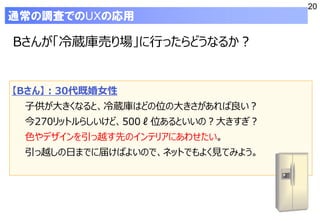 20
Bさんが「冷蔵庫売り場」に行ったらどうなるか？
通常の調査でのUXの応用
【Bさん】：30代既婚女性
子供が大きくなると、冷蔵庫はどの位の大きさがあれば良い？
今270リットルらしいけど、500ℓ位あるといいの？大きすぎ？
色やデザインを引っ越す先のインテリアにあわせたい。
引っ越しの日までに届けばよいので、ネットでもよく見てみよう。
 