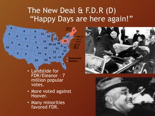 The New Deal & F.D.R (D)
“Happy Days are here again!”
• Landslide for
FDR/Eleanor – 7
million popular
votes.
• More voted against
Hoover.
• Many minorities
favored FDR.
 
