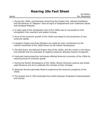 1920s Fact Sheet | PDF