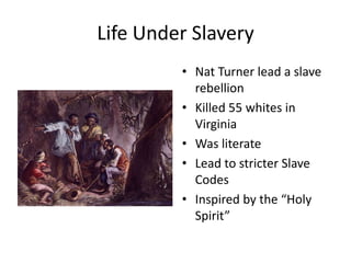 Life Under SlaveryNat Turner lead a slave rebellionKilled 55 whites in VirginiaWas literateLead to stricter Slave CodesInspired by the “Holy Spirit”