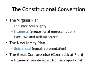 The Constitutional ConventionThe Virginia PlanEnd state sovereignty Bicameral (proportional representation)Executive and Judicial BranchThe New Jersey PlanUnicameral (equal representation)The Great Compromise (Connecticut Plan)Bicameral, Senate equal, House proportional