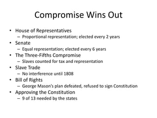 Compromise Wins OutHouse of Representatives Proportional representation; elected every 2 yearsSenate Equal representation; elected every 6 yearsThe Three-Fifths CompromiseSlaves counted for tax and representationSlave TradeNo interference until 1808Bill of RightsGeorge Mason’s plan defeated, refused to sign ConstitutionApproving the Constitution9 of 13 needed by the states
